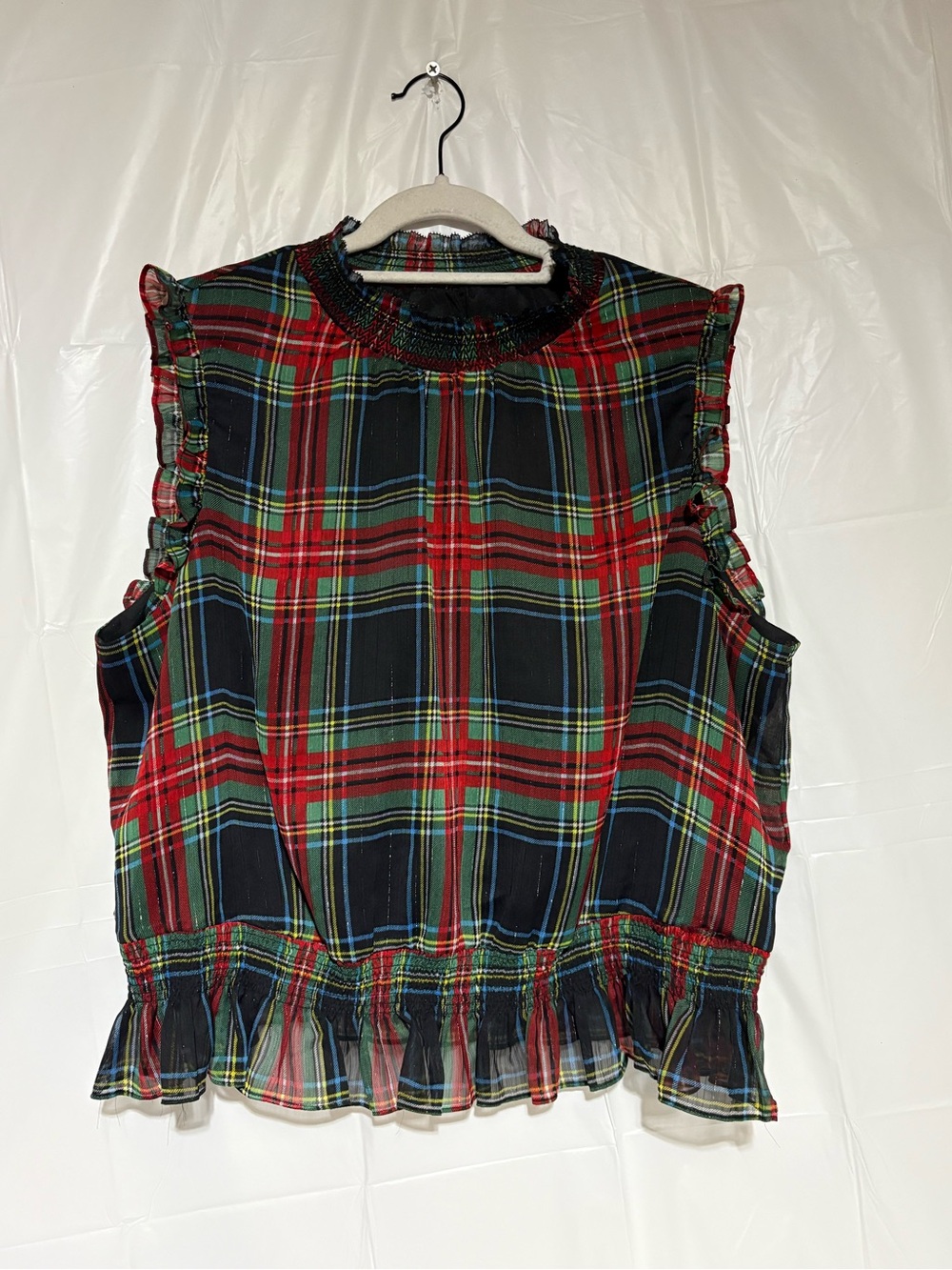 J. Crew Red Green Black Plaid Ruffle Sleeveless Camisole